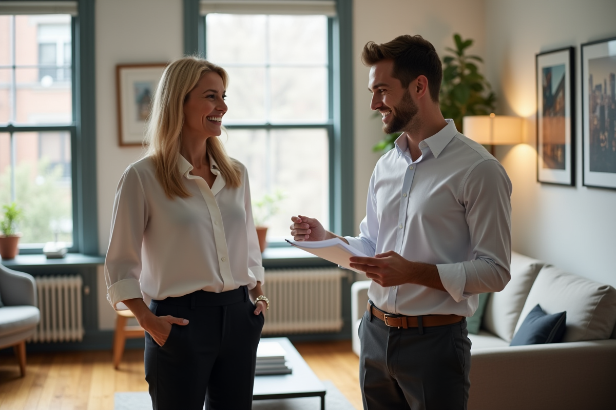 Femme d'âge moyen discutant avec un agent immobilier dans un salon moderne