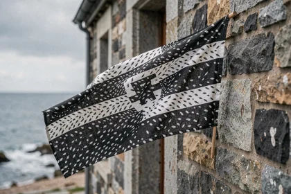 Drapeau breton Gwenn-ha-Du accroché sur un mur en granit d'une maison traditionnelle bretonne au bord de la mer