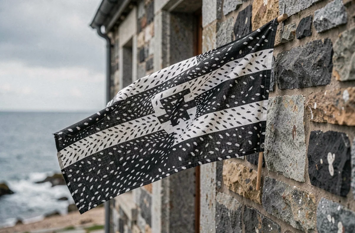 Drapeau breton Gwenn-ha-Du accroché sur un mur en granit d'une maison traditionnelle bretonne au bord de la mer