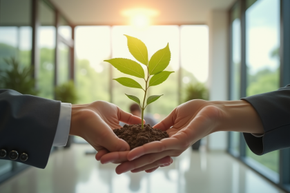 Deux mains échangeant une plante verte dans un bureau moderne avec diagramme circulaire