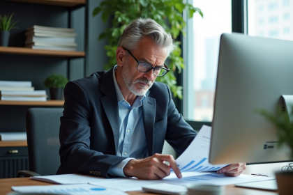 Economiste homme en suit analysant des graphiques économiques