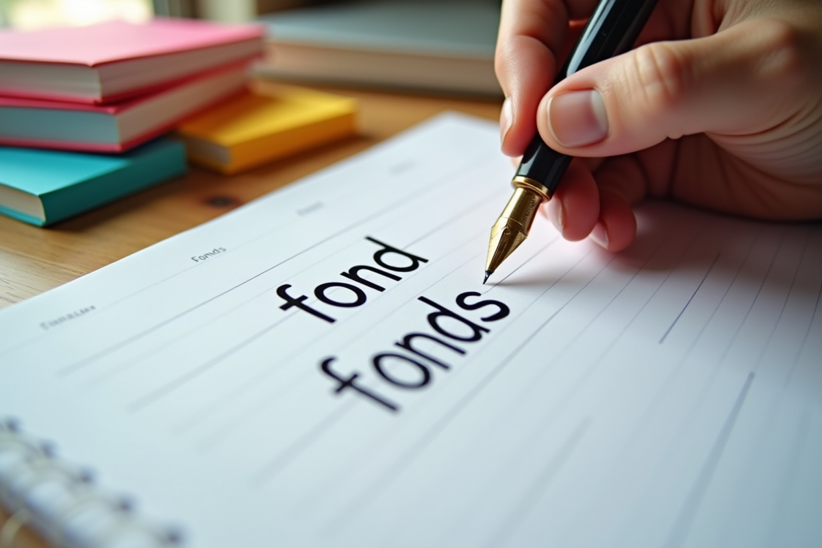 Main écrivant fond et fonds sur du papier avec livres de grammaire