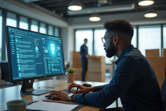 Employe inquiet au bureau regardant un chatbot AI