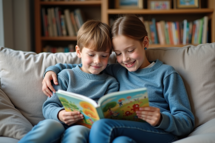 Jeune gar&ccedil;on lisant avec sa m&egrave;re dans un salon chaleureux