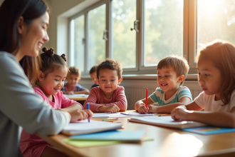Groupe d'enfants en classe lumineuse avec enseignant souriant