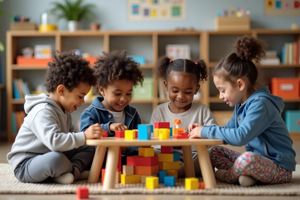 Groupe d'enfants jouant avec des blocs éducatifs en classe