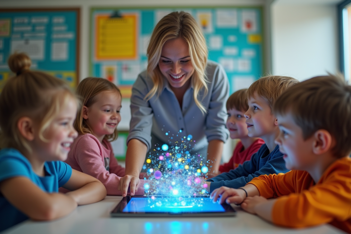 Enseignant montrant la réalité augmentée à des enfants en classe avec des objets virtuels colorés