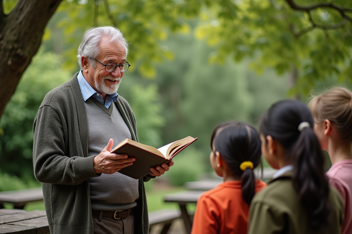 Enseignant âgé lisant aux enfants dans un jardin