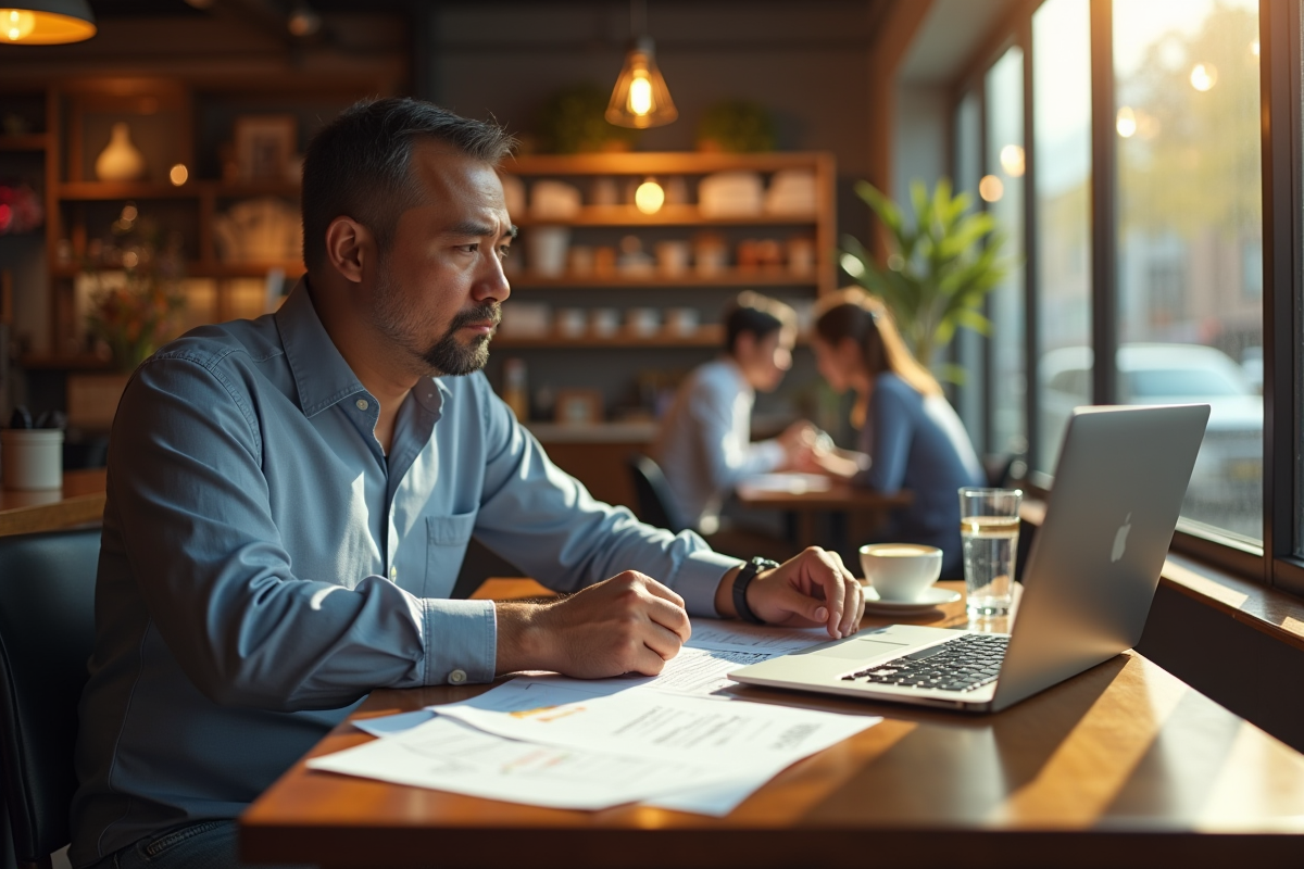 Entrepreneur travaillant avec documents dans un cafe animé