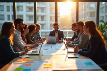 Groupe d'affaires diversifié discutant autour d'une table moderne