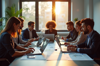 Groupe de professionnels en réunion de branding en bureau lumineux