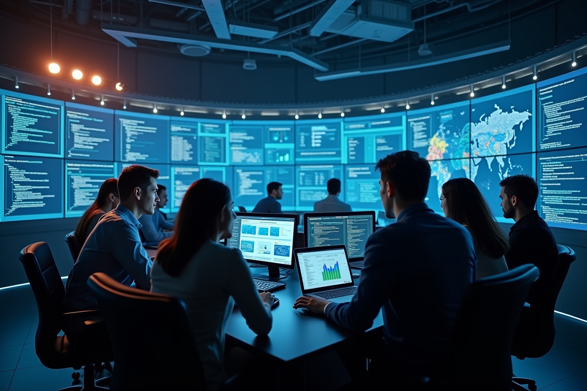 Professionnels de la cybersécurité collaborant dans une salle hightech