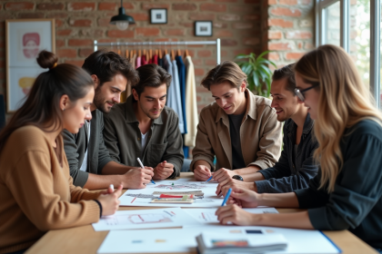Groupe de jeunes créateurs de mode dans un studio lumineux