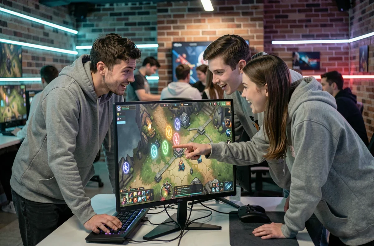 Groupe de joueurs en équipe planifiant une session de portails Dofus ensemble devant un écran