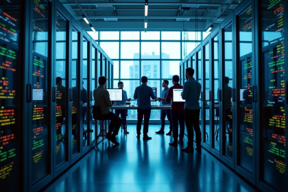 Équipe de professionnels IT dans une salle serveurs lumineuse
