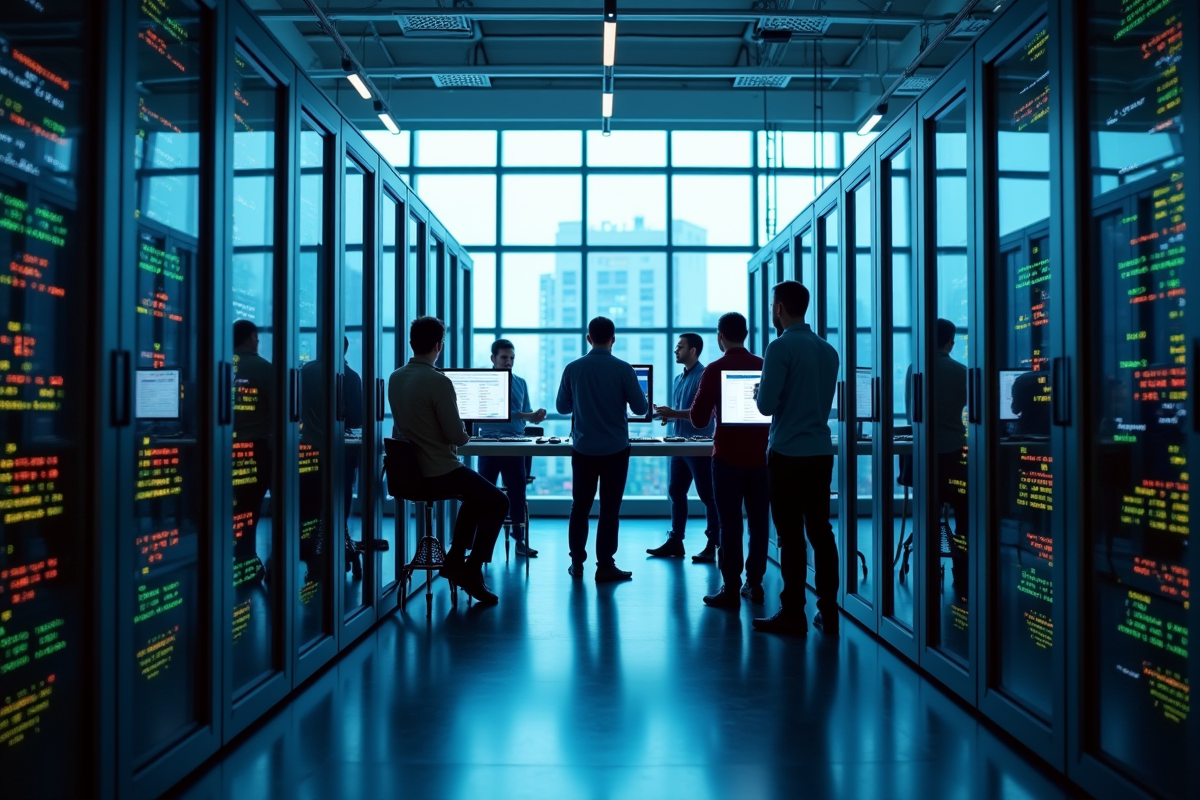 Équipe de professionnels IT dans une salle serveurs lumineuse