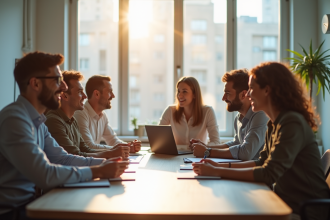Groupe de professionnels souriants en réunion de travail