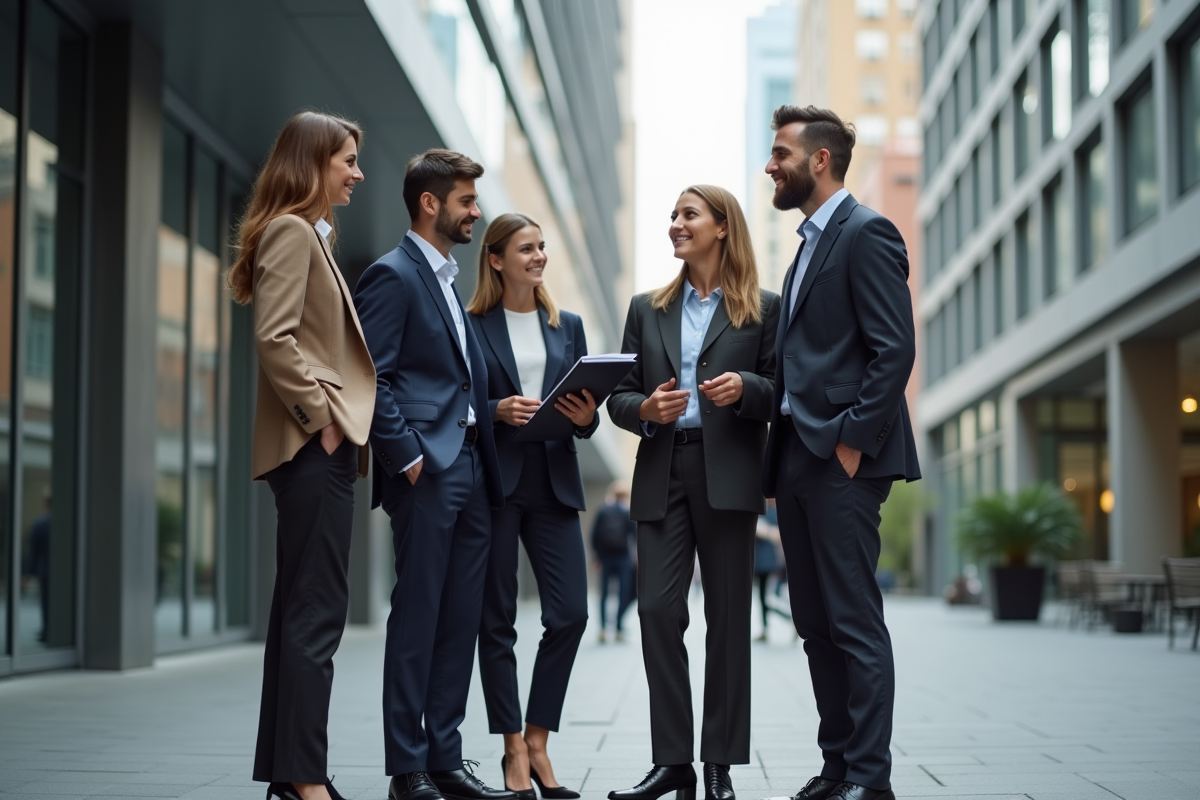 Professionnels de la mode en discussion en extérieur urbain