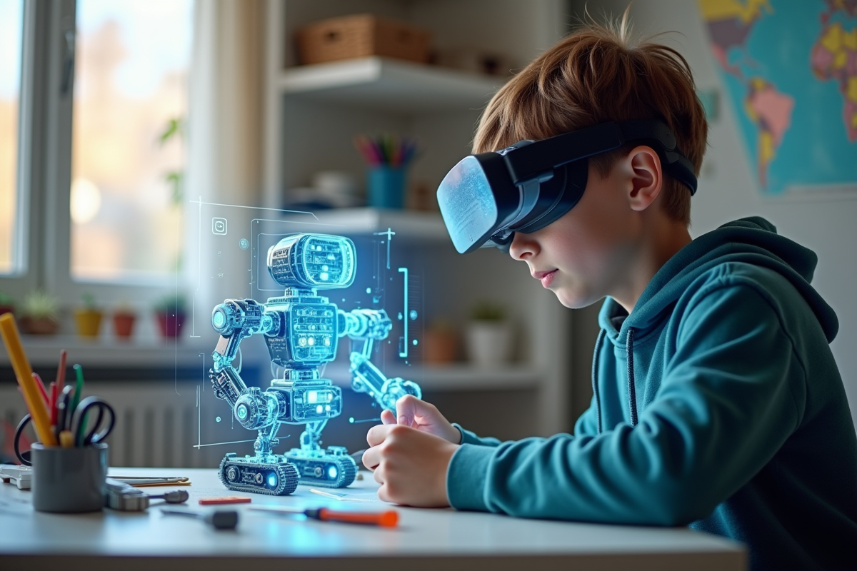 Étudiant portant lunettes AR assemblant un robot à la maison