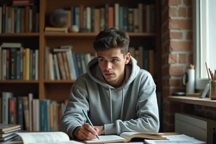 Étudiant lisant un manhwa coréen à son bureau entouré de manga et de carnets de croquis