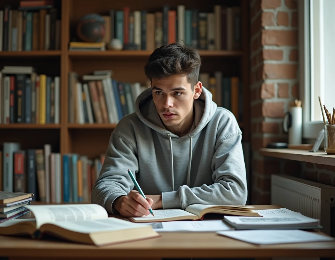Étudiant lisant un manhwa coréen à son bureau entouré de manga et de carnets de croquis