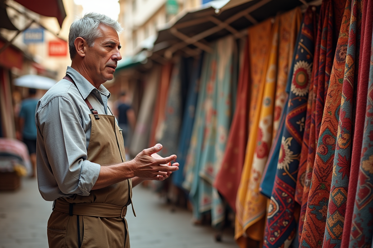 Expert textile expliquant la qualité des tissus au marché
