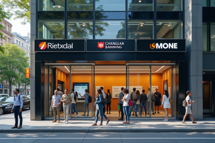 Façade moderne d'une banque animée en ville avec des clients