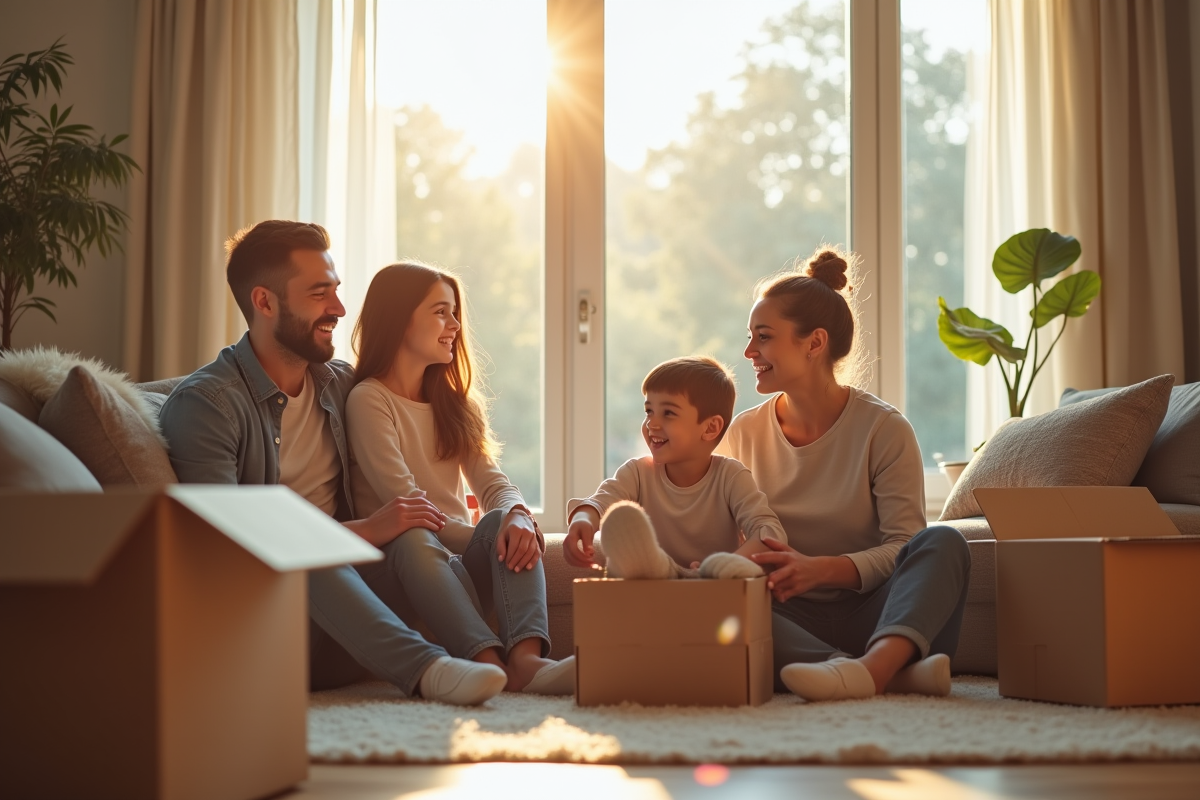 Famille dans un salon moderne déballant des cartons avec espoir