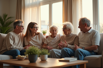 Famille multigenerations dans un salon lumineux et moderne
