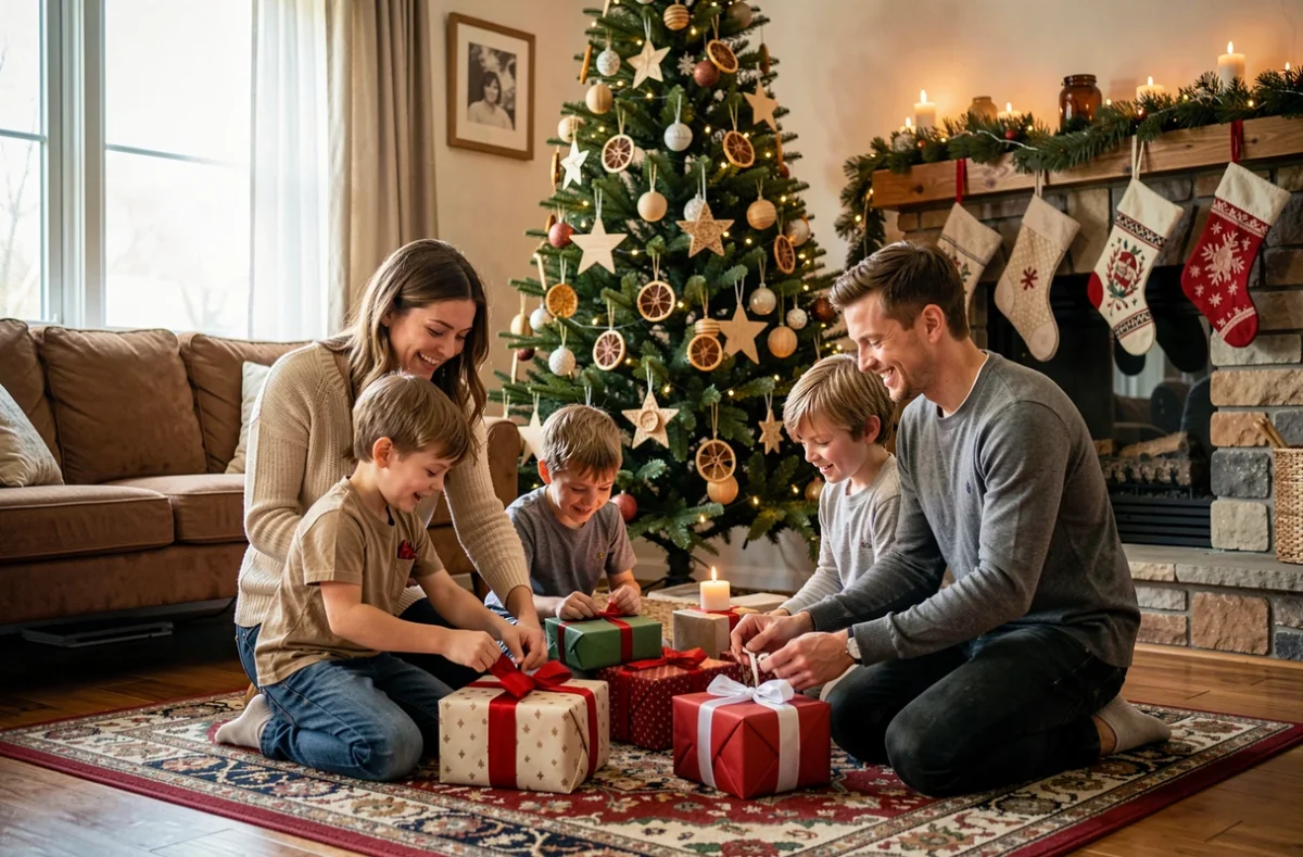 Famille réunie autour du sapin de Noël en train d'ouvrir des cadeaux dans un salon décoré et festif