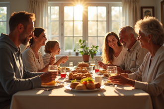 Famille multigenerational partageant un repas convivial