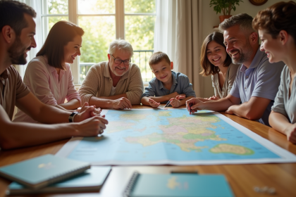 Famille multigenerations planifiant vacances d'été dans le salon