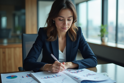 Femme d'affaires en analyse financière dans un bureau moderne