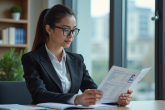 Jeune femme d'affaires en réunion avec brochures bancaires