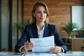 Femme d'affaires en costume bleu examine des documents