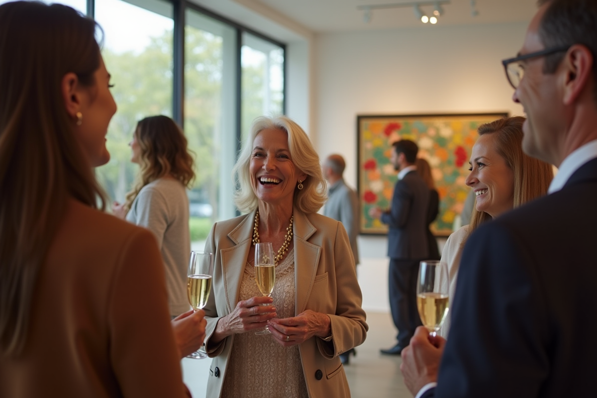 Femme âgée riant avec des amis dans une galerie d