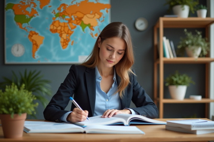 Jeune femme en study room avec livre A2 de francais