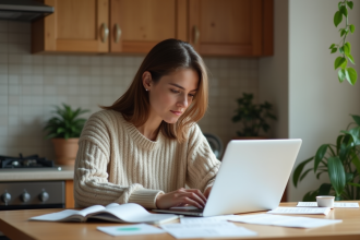 Femme examinant ses d&eacute;penses mensuelles &agrave; la maison