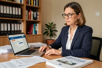 Femme professionnelle consultant les documents du Journal Officiel à son bureau pour une publication d'association