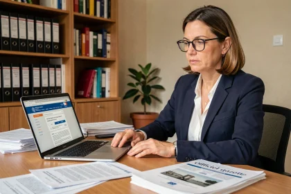 Femme professionnelle consultant les documents du Journal Officiel à son bureau pour une publication d'association