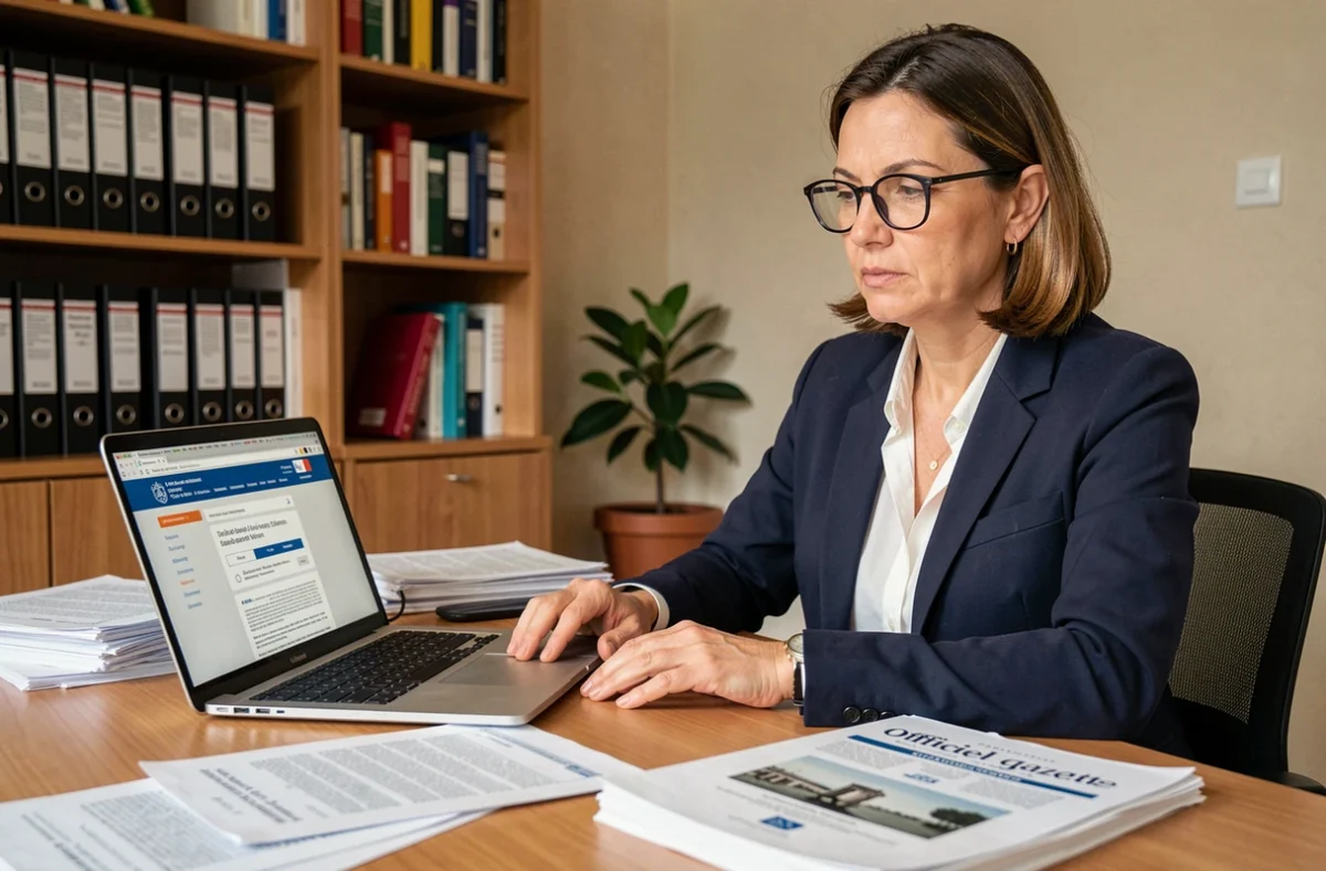 Femme professionnelle consultant les documents du Journal Officiel à son bureau pour une publication d'association