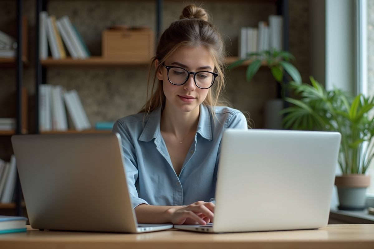 Jeune femme au bureau compare deux laptops dans un intérieur cosy