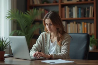 Jeune femme au bureau regardant une notification de privacy sur son laptop