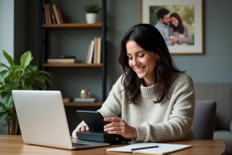 Femme d'âge moyen dans un bureau moderne configure son répondeur