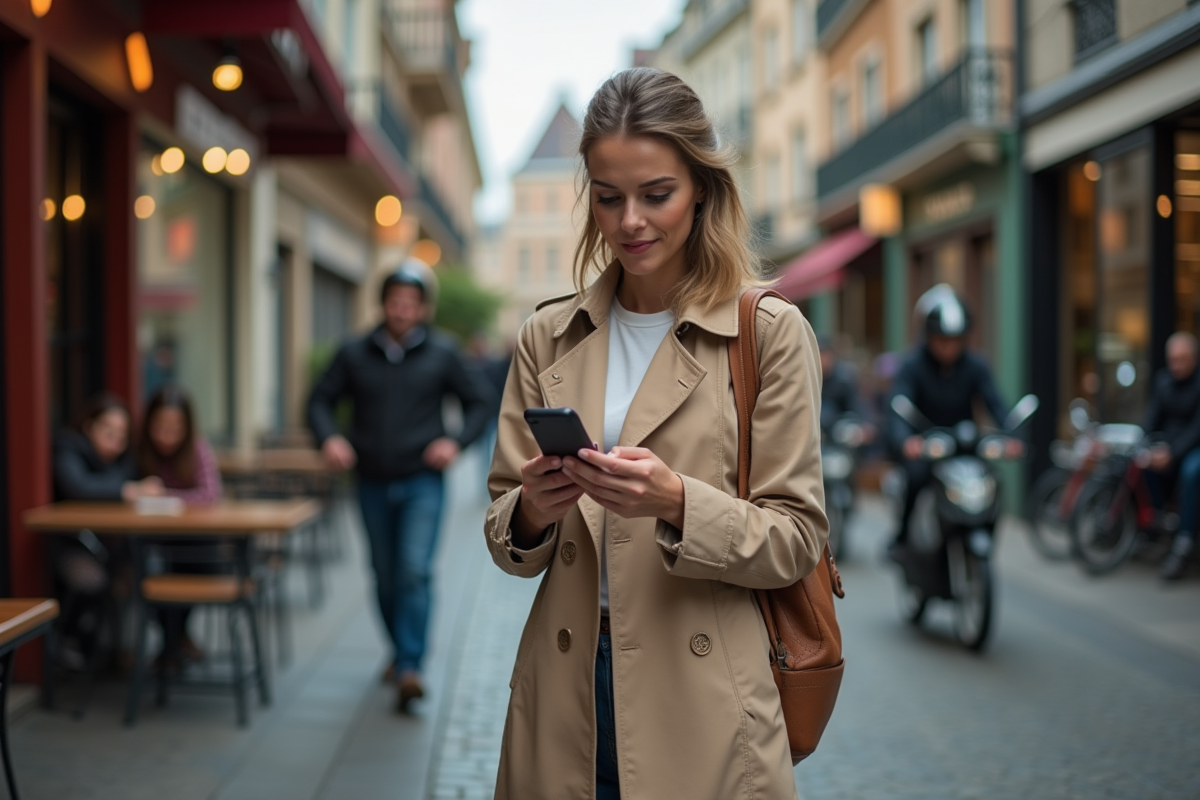 Femme avec trench compare prix de moto en extérieur