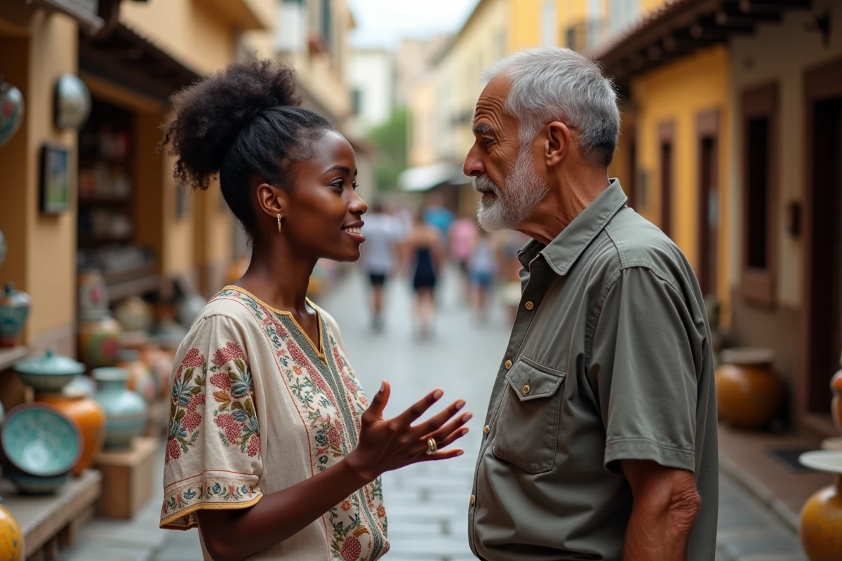 Jeune femme caribéenne échangeant avec un homme portugais au marché