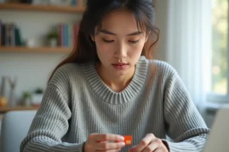 Jeune femme examinant une carte SIM Orange entre ses doigts à son bureau à domicile