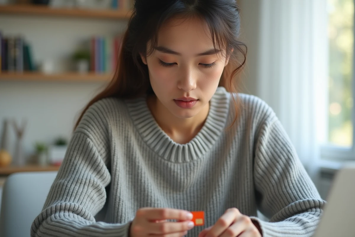 Jeune femme examinant une carte SIM Orange entre ses doigts à son bureau à domicile