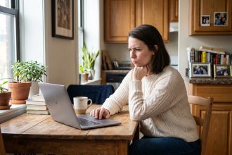 Femme en sweater et jeans travaillant à la maison