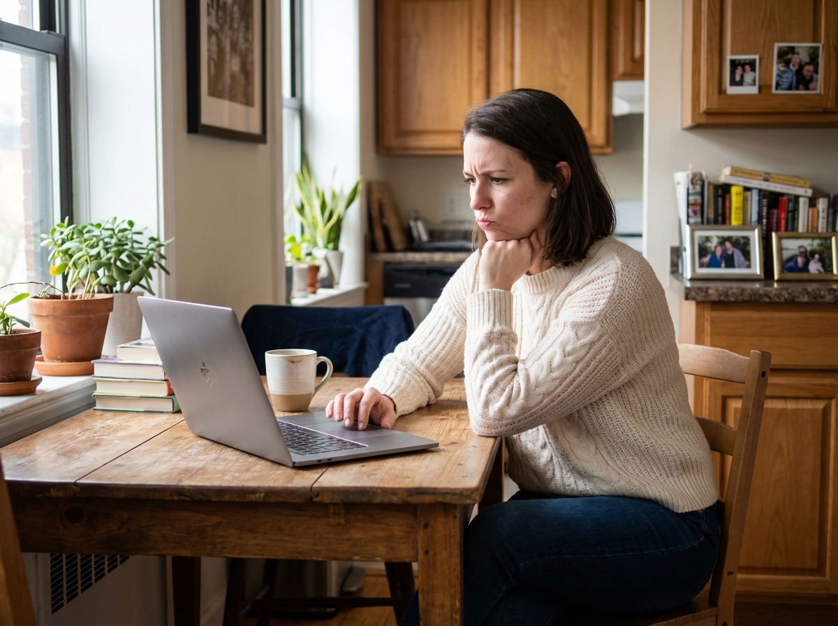 Femme en sweater et jeans travaillant à la maison